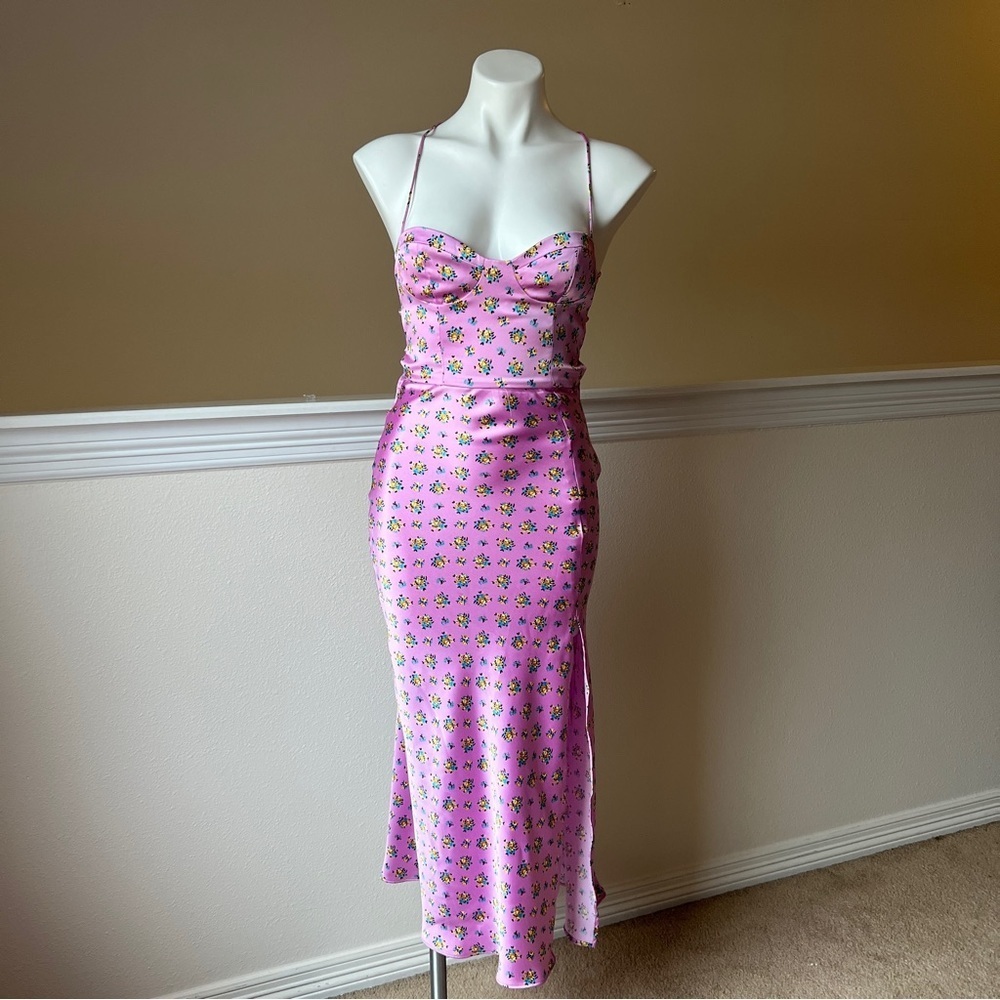 ZARA NEW BUSTIER SATIN MIDI DRESS FLORAL PRINT LILAC SIZE S | 2907/062